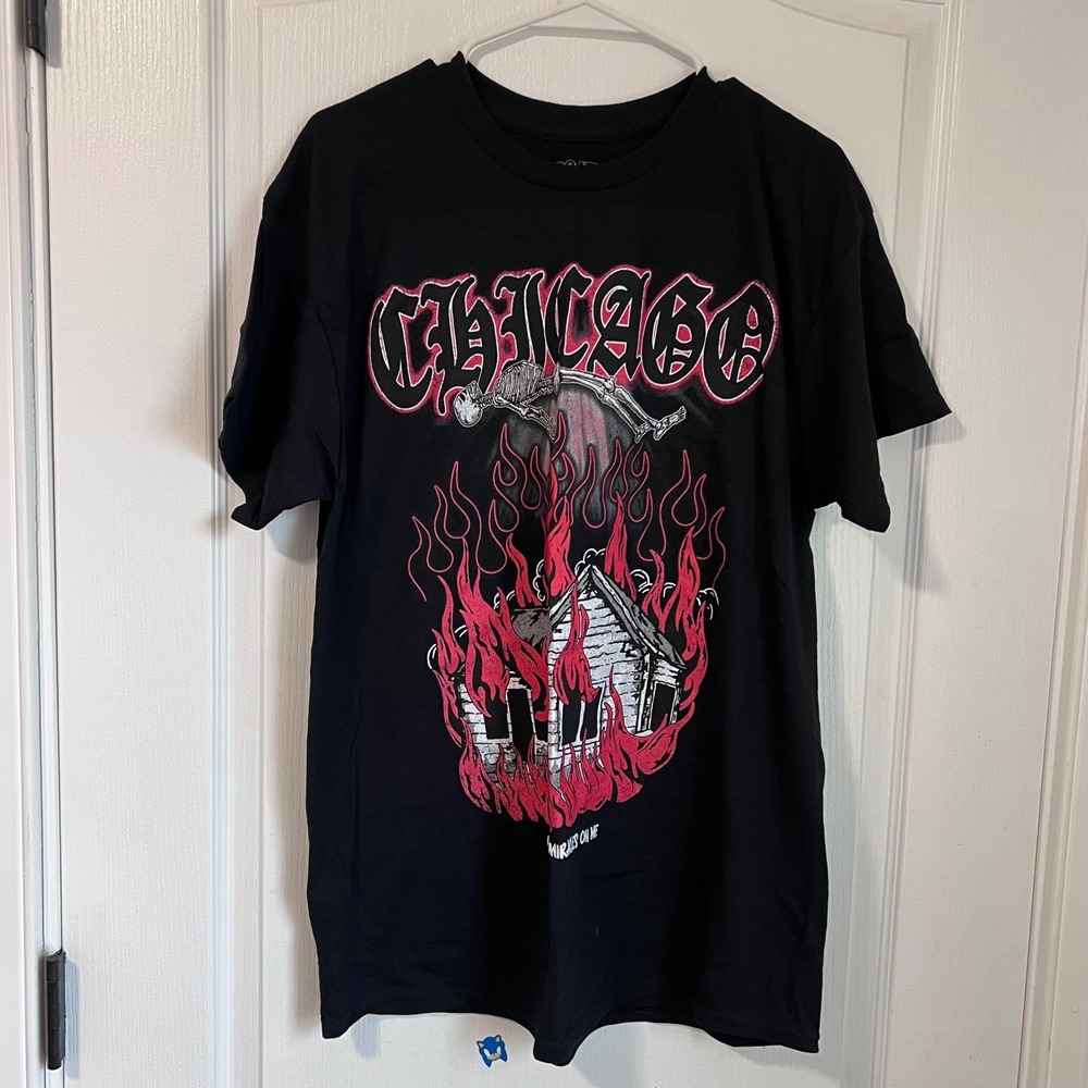 Goat Crew‎ Chicago Burning House Skeleton Graphic T-Shirt Mens Large Black Tee